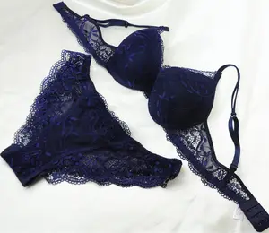 Ropa interior con bordado de encaje azul para mujer, bragas cómodas y Conjunto de sujetador