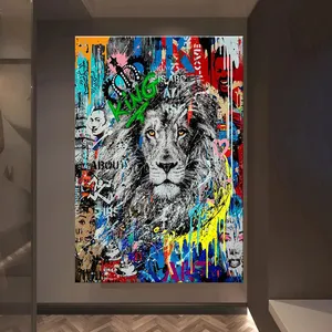 Lion lukisan kanvas seni grafiti di poster seni dinding dan cetakan seni Jalan gambar hewan lukisan dinding rumah Cuadros