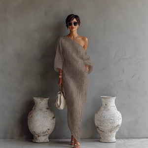 Robe longue élégante pour femme, épaules dénudées, unie, tissée, infroissable, à manches longues, pour printemps-été et soirées - Product Image 1