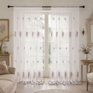 COSENNATUR Tenda in Voile Ricamata Romantica con Lavanda, Medaglione Ovale, Tasca <span class=keywords><strong>per</strong></span> Asta, Orlo Botanico Ondulato, OEM - Product Image 1