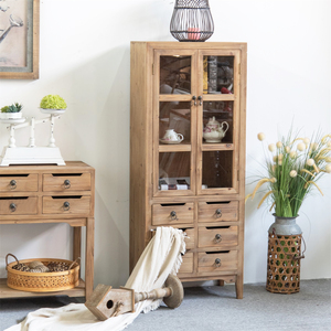 Rustic Farmhouse Accent Cabinet Furniture Recycled <b>Pine</b> Wood <b>Cupboard</b> Bookcase Cabinet with Glass Door and 6 Drawers - Product Image 1