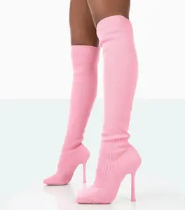 Benutzer definiertes Logo Damen Red Pointed Toe Stiletto Elastic Boots Große, gestrickte Overknee-Stiefel Stretch Long Socks Pink Boots