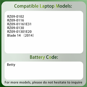 Batería Nueva para Portátil Betty, Compatible con <span class=keywords><strong>Razer</strong></span> <span class=keywords><strong>Blade</strong></span> de <span class=keywords><strong>14</strong></span> Pulgadas 2014 RZ09-0102 RZ09-0116 RZ09-01161E31 RZ09-0130 RZ09-01301E20 - Product Image 2