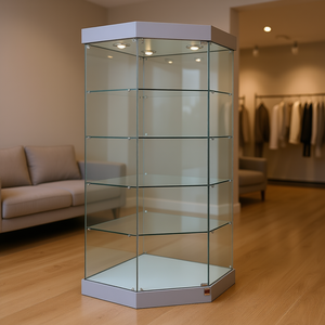 Vitrine d'angle moderne 73x73x188cm en verre trempé, 4 étagères, base gris clair avec porte à charnières verrouillable et éclairage halogène - Product Image 3