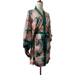 Ipek lüks özel kimono bornoz ev giysileri özel baskı ipek kimono bayanlar kısa robe plaj cover up elbise için satış