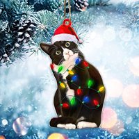 Adornos de gato negro plano acrílico 2D, decoración de Navidad, colgante de árbol con cordón para decoración del hogar, regalos de Feliz Año Nuevo