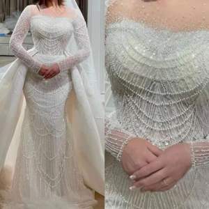 Nuevo Vestido de Novia Blanco para Mujer 2025 con Sobrefalda Desmontable de Lujo Estilo Sirena y Manga Larga con Perlas Personalizable para Dama - Product Image 2