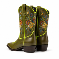 Bottes de cowgirl à bout pointu brodées de fleurs vert olive, style western, pour femmes, vente en gros