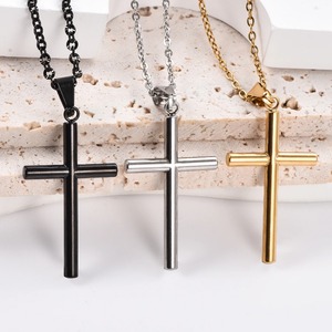 Colliers pendentifs croix cylindriques classiques pour hommes et garçons en acier inoxydable couleur or et argent, bijoux de mode pour la foi et la prière - Product Image 3