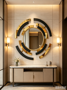 Miroir mural rond abstrait noir et or de luxe, miroir décoratif incurvé et assemblé de style Art déco moderne pour entrée d'hôtel ou de villa - Product Image 4
