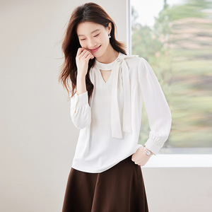 French Style Tie Neck Long Sleeve Shirt Women <b>White</b> Chiffon Solid Color Casual Spring Autumn Top - Product Image 3