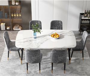Ensemble <span class=keywords><strong>de</strong></span> <span class=keywords><strong>table</strong></span> et <span class=keywords><strong>de</strong></span> chaises <span class=keywords><strong>de</strong></span> salle à manger <span class=keywords><strong>avec</strong></span> plateau en marbre et structure en métal dépliable - Product Image 6