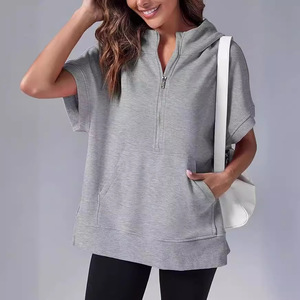 Sweat à capuche pour femme à manches courtes, marque privée, printemps-été, streetwear, vêtement d'extérieur, logo par transfert thermique - Product Image 2