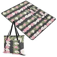 Selimut Piknik Desain Khusus 150*200 Portabel Lipat Tahan Air dengan Ritsleting, Alas Pantai Motif Bunga Hawaii, Tas Jinjing Alas Piknik Besar