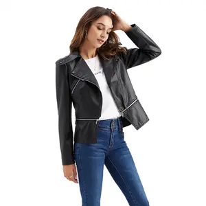 Fashionable Ladies Bomber Versatile Women Faux Pu Leather Jacket With Detachable Hem