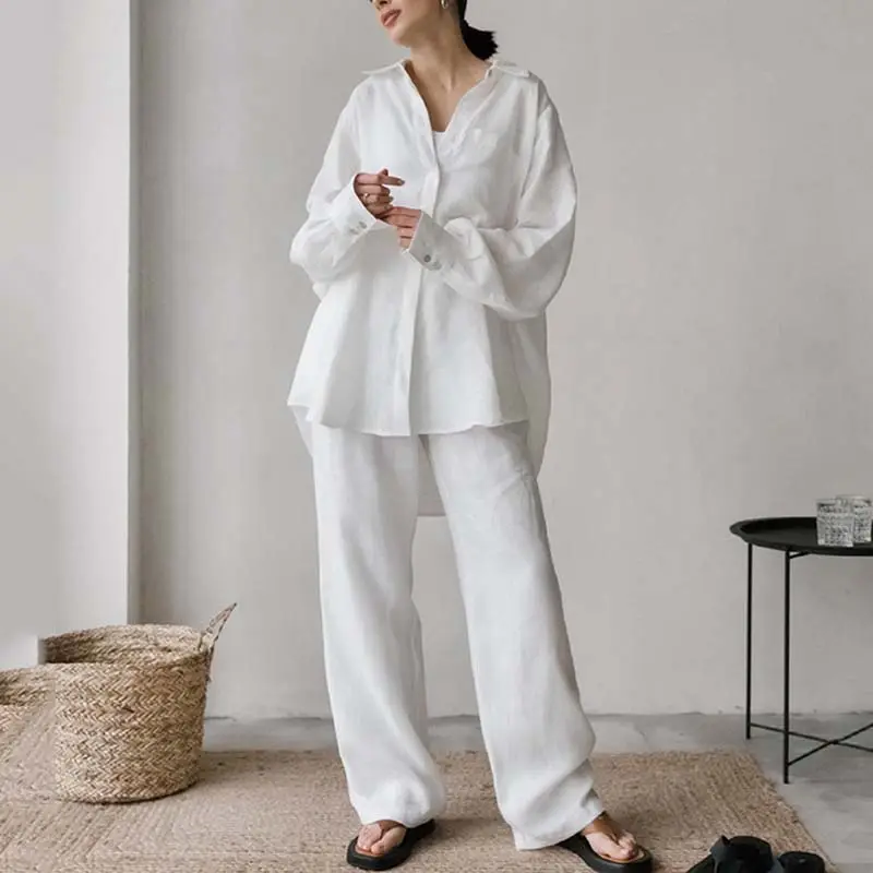 Abbigliamento per la casa personalizzato abbigliamento in lino due pezzi set da casa primaverile da donna Solid White Lounge Wear abiti coordinati autunnali