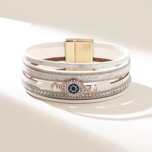 Evil Eye Diamond Encrusted <b>Leather</b> <b>Bracelet</b> White Gray Beige Brown Women's Jewelry Gift - Product Image 1