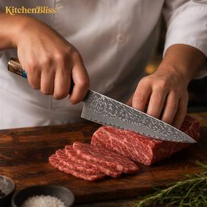 Cuchillos de Cocina Japoneses Afilados KitchenBliss, Cuchillo de <span class=keywords><strong>Chef</strong></span> Profesional de Madera Estabilizada para Cortar Carne, Cuchillo de Lujo Damasco Vg 10 - Product Image 2
