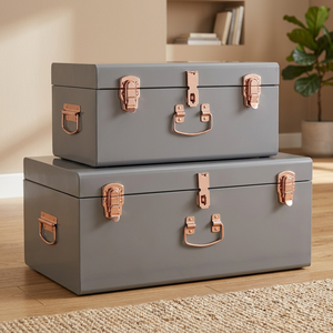 Luxury 2 Piece Metal <b>Storage</b> Trunk Set Decorative <b>Stackable</b> Home Organizer <b>Box</b> Wardrobe <b>Storage</b> Chest Gold Hardware - Product Image 4