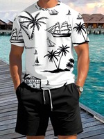 Ensemble décontracté classique rayé pour homme, t-shirt et short tropicaux en tissu seersucker respirant, ensemble d'été 2 pièces à manches courtes
