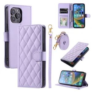 Luxury Sheep Wallet Leather Mobile Phone Bags For IPhone 15 14 13 Pro Max Strap Diamond Phone Stand Cover