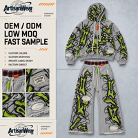 Ensemble personnalisé pour homme : sweat à capuche gris zippé et pantalon large avec motif abstrait lignes vertes et ourlet brut OEM ODM