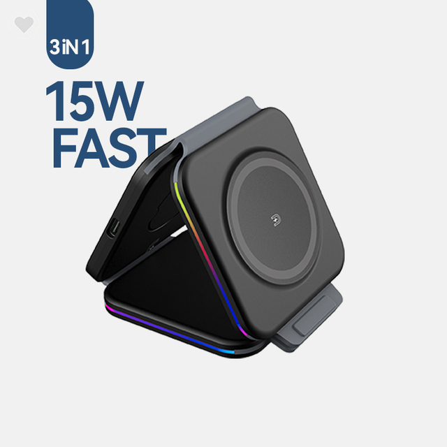 15W PD Fast Charging 3-in-1 Magnetic Wireless Charger with Folding Design for Mobile Phone & Smart Watch-Portable Travel Stand