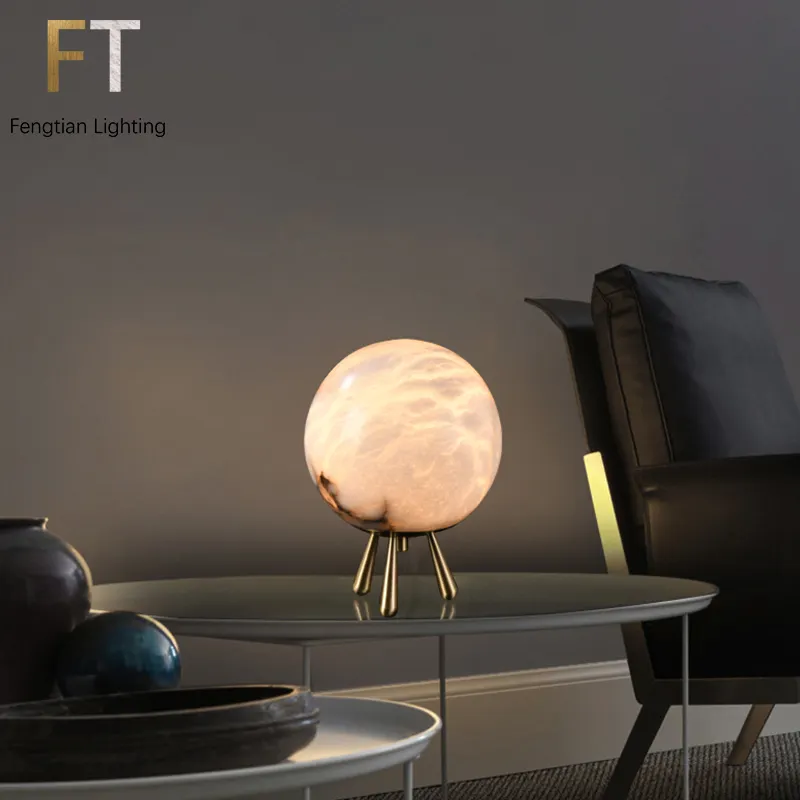 Lampu Meja Led Rumah Modern Lampu Meja Alabaster Alami untuk Ruang Tamu
