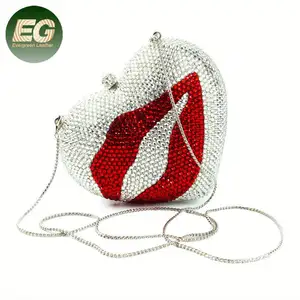 LEB1187 Heart shape diamond purses crystal women clutch bags evening bridal bag bling purse with red lip pattern