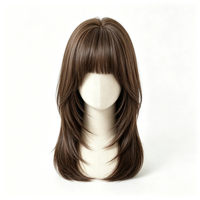 Perruque synthétique lisse mi-longue marron chaud avec frange rideau, résistante à la chaleur, longueur aux épaules, pour usage quotidien
