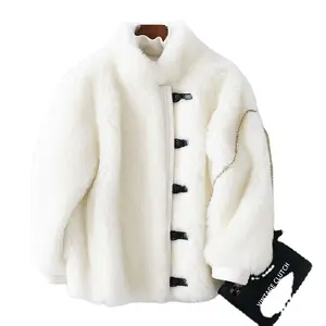 PUDI 女装冬季真正羊毛毛皮大衣女性保暖羊皮毛皮外套外套女士白色加大外套 C407004