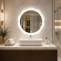 Miroir de salle de bain intelligent en verre rond moderne en forme de lune avec interrupteur tactile, éclairage LED anti-buée, design mural flottant pour le maquillage