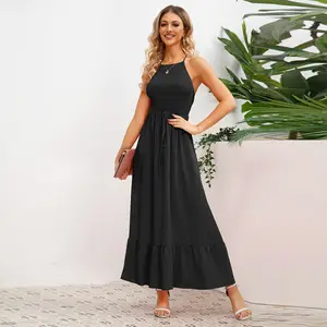 Летнее шикарное сексуальное платье с высокой талией черное элегантное длинное платье без спинки для женщин
