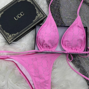 Costume da bagno Bikini a vita alta da donna slip solidi traspiranti e abito da bagno a fascia triangolare con motivo a maglia a due pezzi - Product Image 1