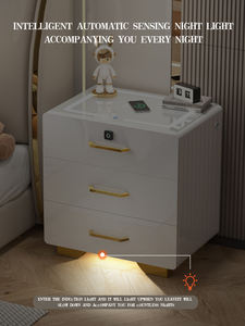 Wicker kaca pintar abu-abu kayu isi ulang 2 furnitur kabinet samping tempat tidur panjang dengan pengisi daya nirkabel - Product Image 3