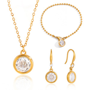 Stainless Steel Zircon Jewelry <b>Set</b> Bezel Setting Round Pendant Necklace <b>Bracelet</b> Earrings Women's Party Fashion - Product Image 5