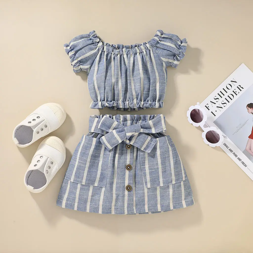 Clothing Set For Kid Girl 1-5 Years Old Short Sleeve Stripe Pattern Children's Clothing 2 Piece Skirt Suit Kids Wear For Girl