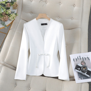 White Fitted Blazer Women Solid Color Polyester Anti-Wrinkle Spring Autumn 2024 Modern Chinese Style Short Waistcoat - Product Image 1