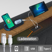 Cadre de lit élégant en tissu gris avec 4 grands paniers de rangement, boutons dorés, chargement USB-C et lumières RGB activées par la musique