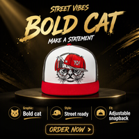 Gorra de Béisbol Snapback con Gráfico de Gato, Visera Plana de Dos Tonos, Ajustable, para Streetwear