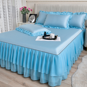 Fundas <span class=keywords><strong>de</strong></span> <span class=keywords><strong>Cama</strong></span> Desmontables Elásticas con Volantes en Color Azul Claro, Estilo Nórdico 2026, <span class=keywords><strong>de</strong></span> Seda <span class=keywords><strong>de</strong></span> Hielo, Encaje Bordado y Mezcla <span class=keywords><strong>de</strong></span> Lino - Product Image 3