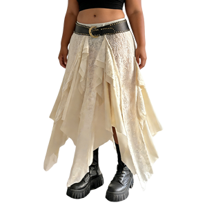 Jupe longue décontractée bohème respirante pour femme, coupe évasée, ourlet asymétrique, bordure en dentelle, taille élastique, idéale pour la plage - Product Image 1