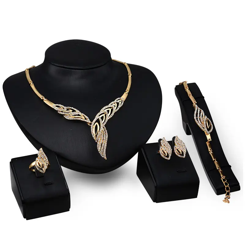 Fashion 18K Gold Plated Wing Shape Bridal Necklace Jewellery Arab Artificial Diamond Earring Jewelry Set For Wedding