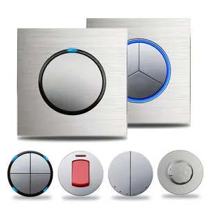 Silver Aluminum 1 2 3 4 Gang Wall Light Switch Brushed Panel with Round Button LED Indicator 1 to 5 Post Frame