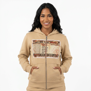 Sweat à capuche beige zippé avec imprimé sur le devant, coupe classique, style décontracté, unisexe, tissu French Terry - Product Image 1