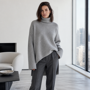 Maglione Oversize da Donna in Misto Lana e <span class=keywords><strong>Cashmere</strong></span>, Collo Alto, Spalle Scese, Lavorazione a Maglia, Maniche Lunghe, Vendita all'Ingrosso, Produzione in Fabbrica - Product Image 2