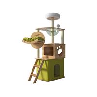 Arbre à chat multi-niveaux en bois avec capsule spatiale, lit transparent, nid rotatif pour chat et poteau à gratter en tissu Oxford pour plusieurs chats