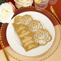 Tarjeta de Menú de Boda Única con Diseño de Rosa Hueca Láser, Acrílico Dorado Espejado, Estampada en Blanco, Invitación de Boda
