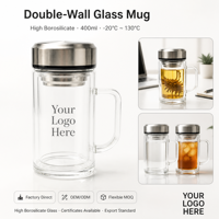 Bouteille en verre borosilicate haute résistance à la chaleur 400 ml, tasse à double paroi isolée avec poignée, logo personnalisé, tasses à thé avec infuseur à thé