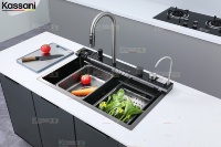Évier de cuisine multifonction à cascade, cuve unique, fait main en acier inoxydable 304 avec robinet numérique, design moderne